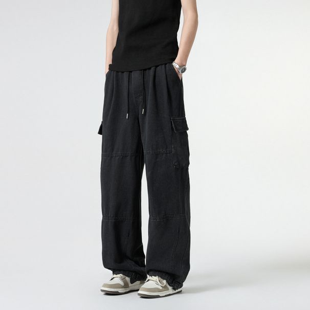 "Men's Vintage Washed Denim Work Pants – Relaxed Wide Leg Fit With Utility Pockets (S-3XL, Light Blue/Black)"_mkmklike.com