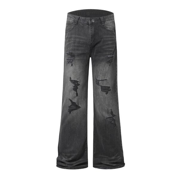 Washed Distressed Flared Jeans For Men, High Street American Style, Destroyed And Ripped, Loose Wide-Leg Pants, Trendy_mkmklike.com