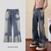 American Washed Distressed Patchwork Deconstruction Gradient Jeans, Men's Trendy Brand, Cool And Loose, Slightly Flared_mkmklike.com