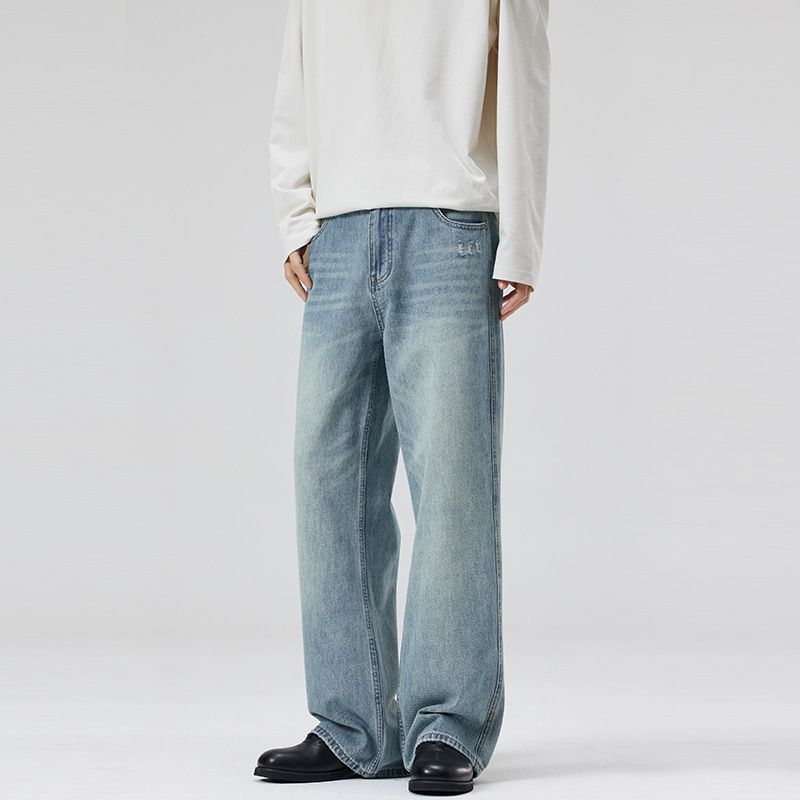 LKTM Men's Light Blue Washed Whiskered Jeans Spring Summer Trendy Versatile Loose Straight Leg Trousers Unisex Archer0603 Apparel_mkmklike.com