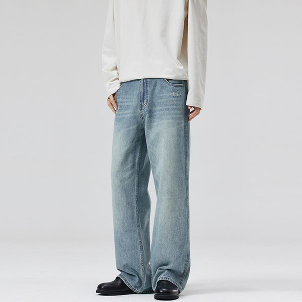 LKTM Men's Light Blue Washed Whiskered Jeans Spring Summer Trendy Versatile Loose Straight Leg Trousers Unisex Archer0603 Apparel_mkmklike.com