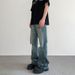 "Vintage Washed Distressed Jeans For Men & Women - Raw Hem Straight To Slightly Flared Denim Pants With Handmade Rips, Retro Streetwear Fashion"_mkmklike.com