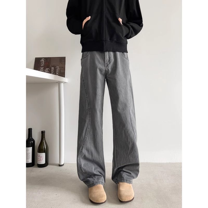 Men's Clothing American High Street Vibe Curved Jeans For Men High Street Vibe Curved Hem Jeans - Straight Fit Micro Flare Pants For Casual OOTD_mkmklike.com