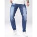 Men's Distressed Blue Jeans – Slim Fit Stretch Denim Pants With Ripped Details & Straight Leg, Trendy Streetwear Style_mkmklike.com