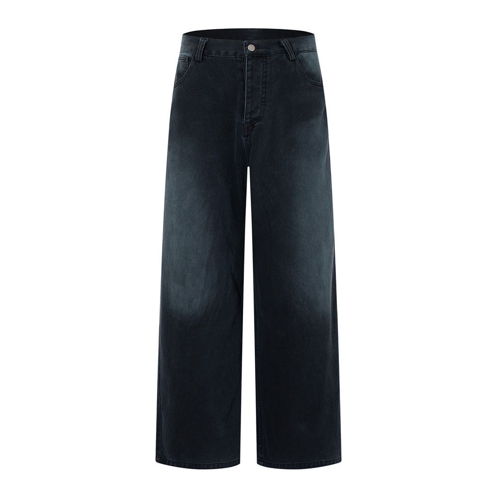 Spray Paint Color Block Denim Straight Long Vintage Punk Men's Vibe High Street Fashion Button Open Loose Wide Leg Pants_mkmklike.com