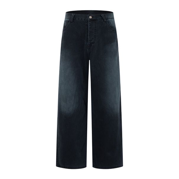 Spray Paint Color Block Denim Straight Long Vintage Punk Men's Vibe High Street Fashion Button Open Loose Wide Leg Pants_mkmklike.com