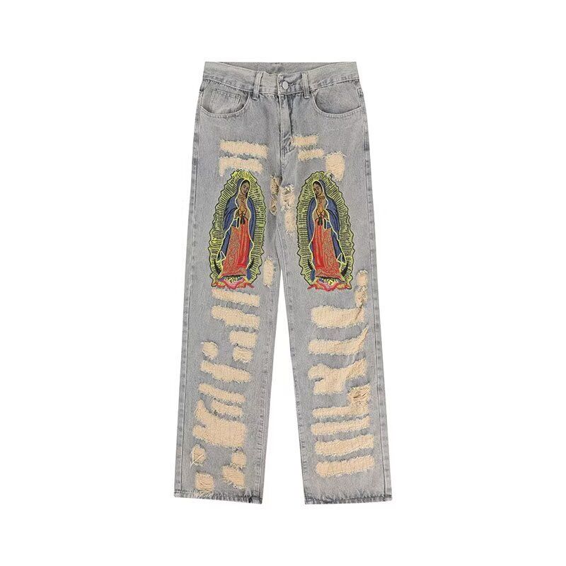 High Street Punk God Embroidered Jeans Y2k Streetwear Trend Straight Wide Leg Pants Denim Hip-hop Ripped Jeans Pants Plus Size_mkmklike.com