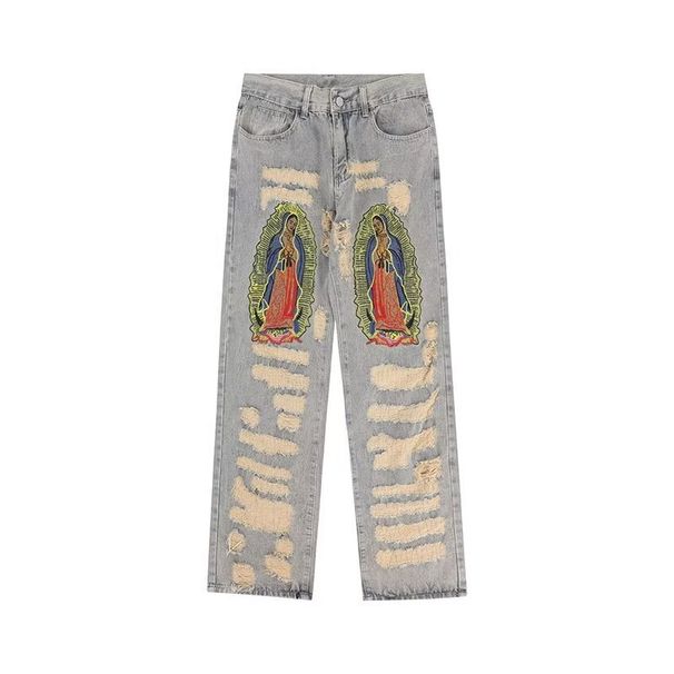 High Street Punk God Embroidered Jeans Y2k Streetwear Trend Straight Wide Leg Pants Denim Hip-hop Ripped Jeans Pants Plus Size_mkmklike.com