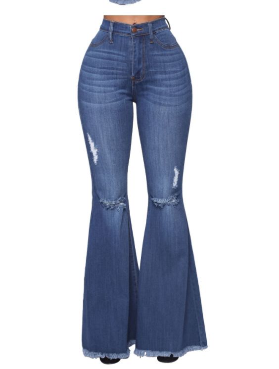 Women's Clothing New Autumn Versatile Casual Wide Leg Knee Ripped Denim Flared Trousers, Flared Trousers_mkmklike.com