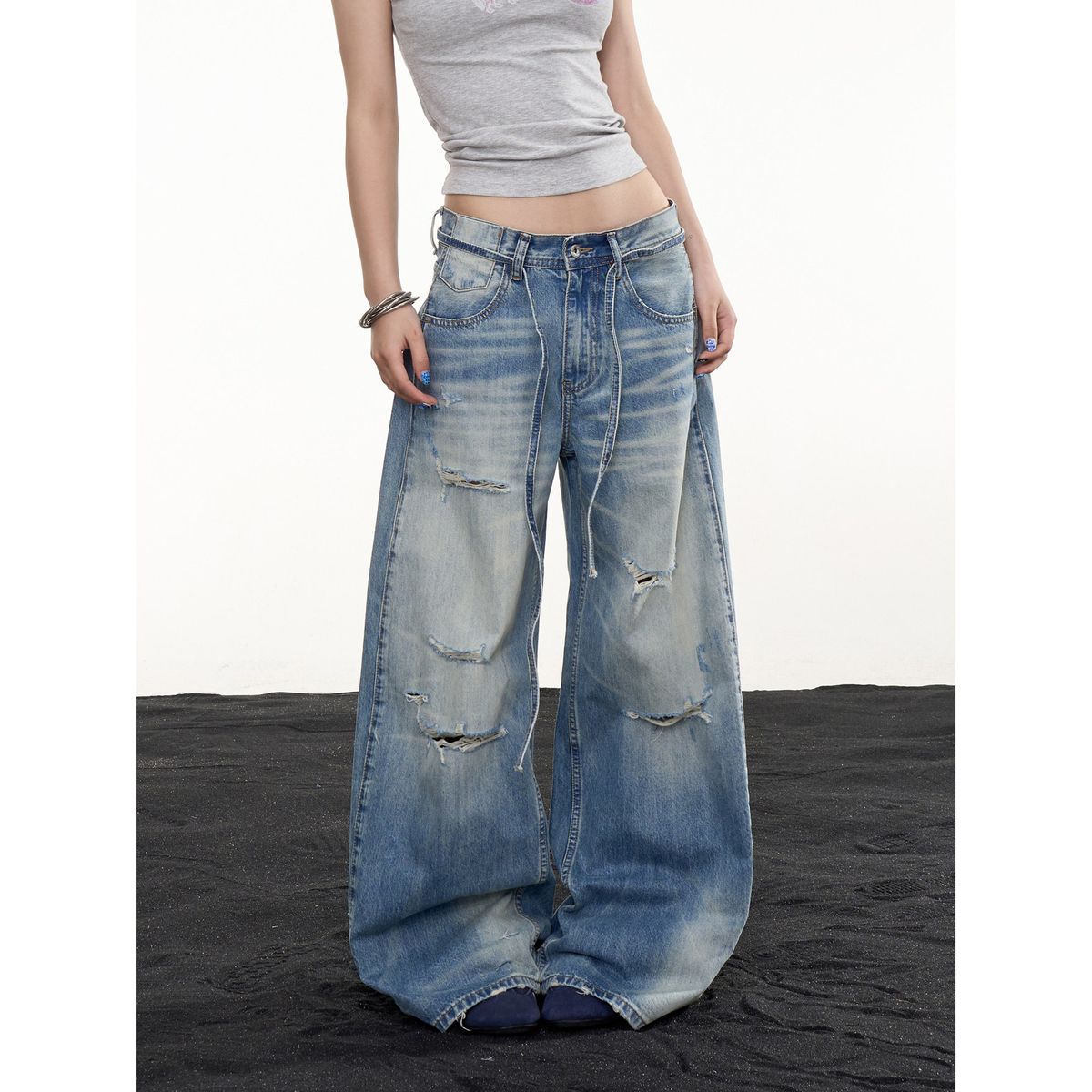 Retro Washed Distressed Jeans Loose Straight Leg Slimming Wide Leg Floor Length Trousers for Men And Women Autumn Style_mkmklike.com