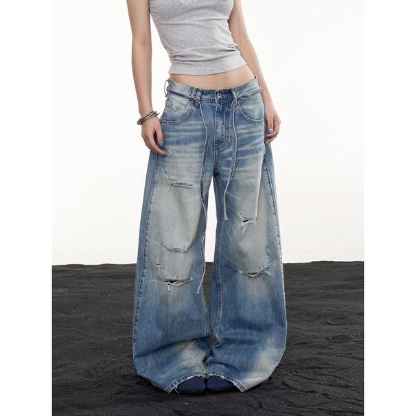 Retro Washed Distressed Jeans Loose Straight Leg Slimming Wide Leg Floor Length Trousers for Men And Women Autumn Style_mkmklike.com