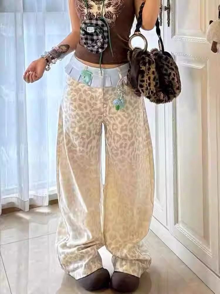 Women's Fashion High Waist Flared Pants With Leopard Print & Layered Skirt Hem - Straight Leg Loose Fit Casual Trousers For Spring Summer_mkmklike.com