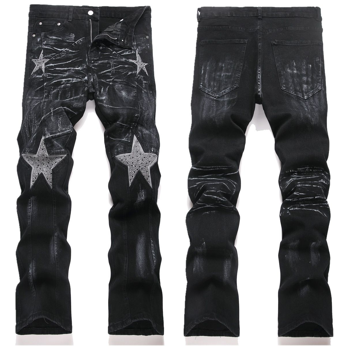 Slim Fit Stretch Patchwork Color Blocked Rhinestone Embellished Black Flared Jeans For Men High Street Style Export Quality_mkmklike.com