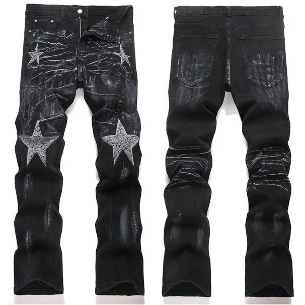 Slim Fit Stretch Patchwork Color Blocked Rhinestone Embellished Black Flared Jeans For Men High Street Style Export Quality_mkmklike.com