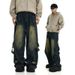 Deconstructed Vintage Washed Jeans High Street Raw Hem Raw Edge Denim Pants With Patchwork Details (Unisex Straight-Leg, Distressed Retro Style)_mkmklike.com