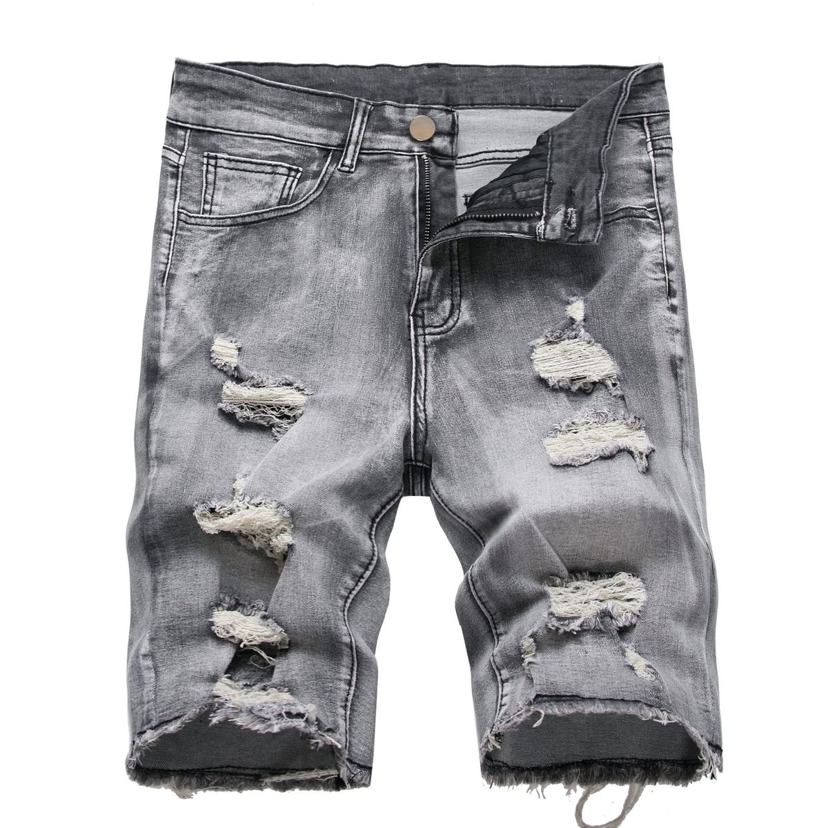 2025 New Trendy Washed And Perforated Capris Men's Denim Shorts_mkmklike.com