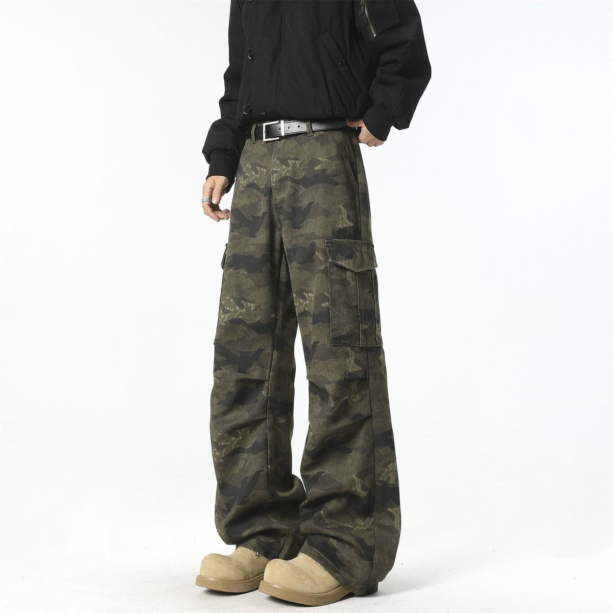 Men's American Style Camouflage Jeans Loose Straight Leg Casual Pants Large Pockets Trendy Cargo Trousers_mkmklike.com