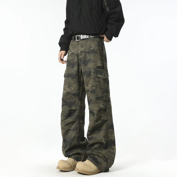 Men's American Style Camouflage Jeans Loose Straight Leg Casual Pants Large Pockets Trendy Cargo Trousers_mkmklike.com