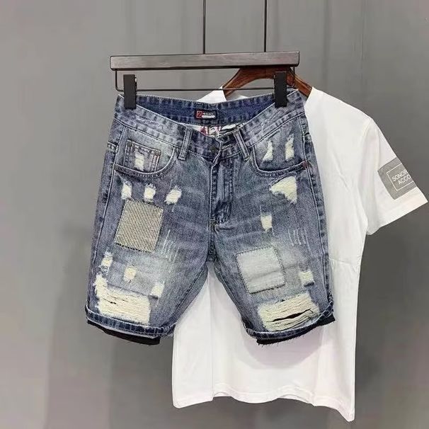 2024 New Brand Internet Famous Ripped Denim For Men's Summer Korean Version Trendy And Cool Slim Fit Five Inch Shorts_mkmklike.com