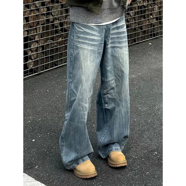 Unisex Vintage Washed Wide-Leg Jeans With Whisker Distressing – Retro High-Waisted Denim Pants For Casual & Commute Wear_mkmklike.com