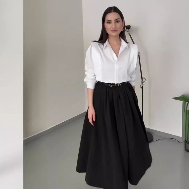 Women's Clothing all match solid color shirt high waist large swing skirt two piece suit_mkmklike.com