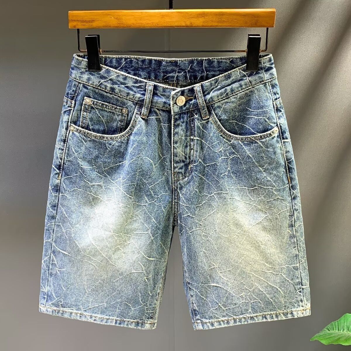 Men's Summer Distressed Washed Denim Shorts - Cracked Print High Street Loose Fit Casual Streetwear_mkmklike.com