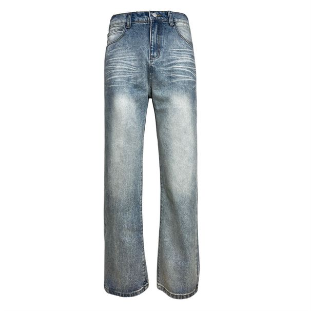 American High Street Gradient Washed Casual Denim Vibe Trendy Punk Distressed Loose Straight Pants Men's Trousers_mkmklike.com