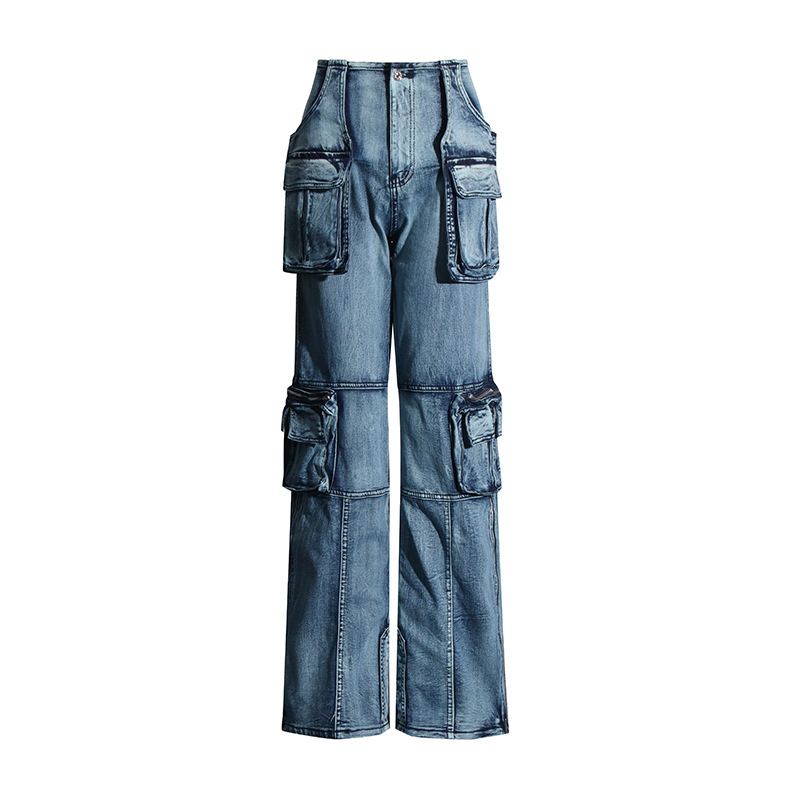 Women's clothing Spring New Fashion High Street Design Pocket Stitching Workwear Style High Waist Straight Denim Pants Women_mkmklike.com