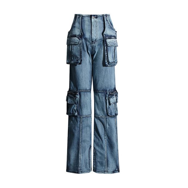 Women's clothing Fashion High Street Design Pocket Stitching Workwear Style High Waist Straight Denim Pants Women_mkmklike.com