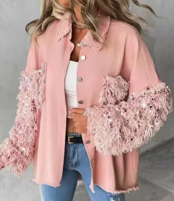 Women's Clothing Women’s Loose Fit Rhinestone Fringe Denim Shirt – Long Sleeve Casual Blouse With Sparkle Details (Black/White/Pink/Gray, S-XL)_mkmklike.com