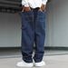 Men's American Retro Wide Leg Pants Denim Mid Waist Loose Fit Slimming Straight Leg Striped Floor Length For Spring Autumn_mkmklike.com