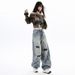 Women's High-Waisted Slimming Ripped Wide Leg Jeans Loose Fitting Floor Length Pants American Style Denim_mkmklike.com