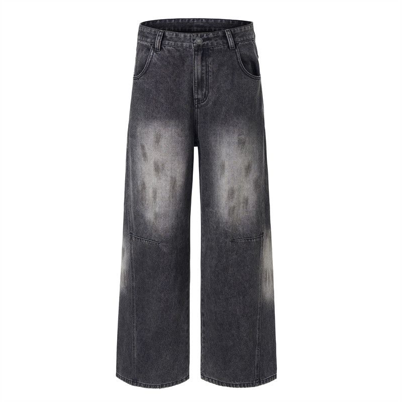 Punk Wasteland Style Vintage Dirty Denim Wide-Leg Men's Ink-Splattered Washed Floor-Length Loose Straight Pants_mkmklike.com