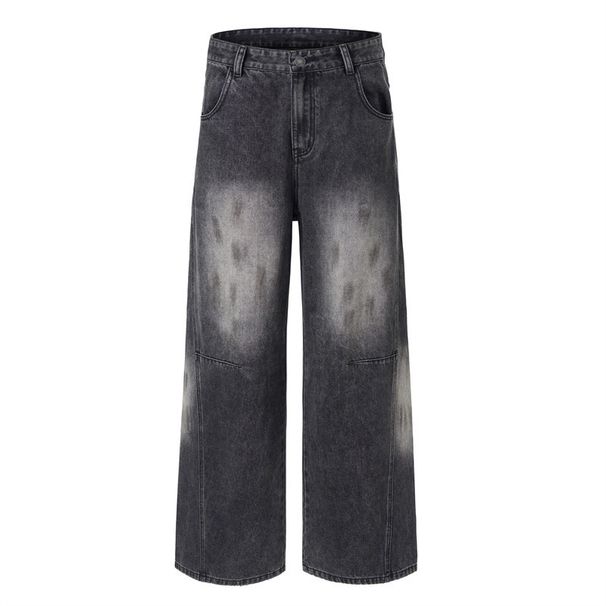 Punk Wasteland Style Vintage Dirty Denim Wide-Leg Men's Ink-Splattered Washed Floor-Length Loose Straight Pants_mkmklike.com