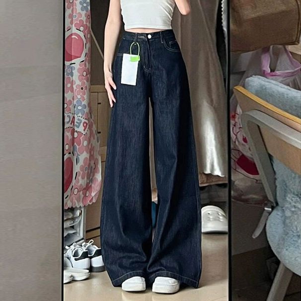 Women's Clothing Dark Blue High-Waisted Wide Leg Denim Trousers Loose Fit Straight Leg Floor Length Pear Shape American Style Jeans_mkmklike.com