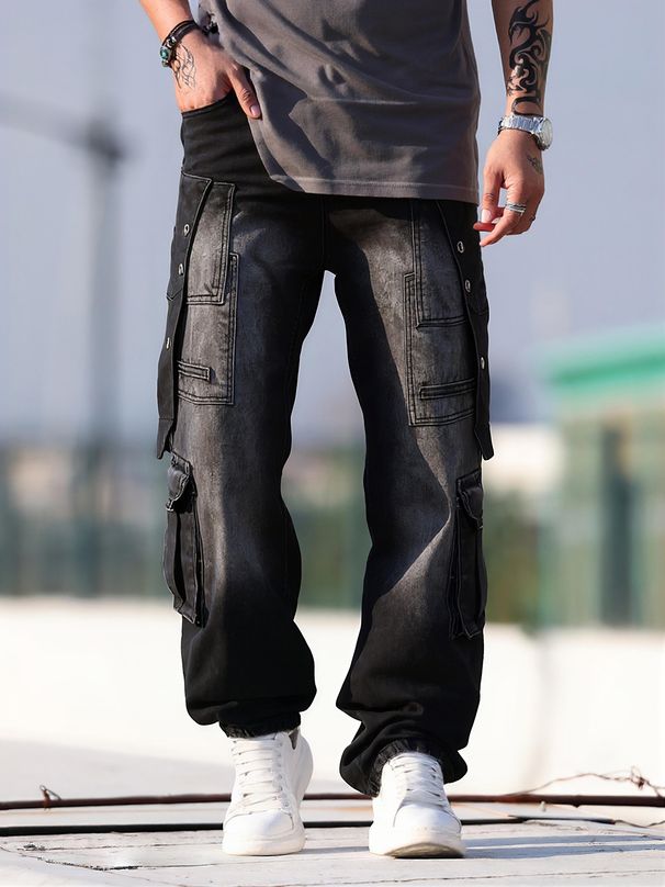 Men's Foreign Trade King Series Autumn Natural Whiskered Drape Jeans Washed Distressed Workwear Wide Leg Trousers_mkmklike.com
