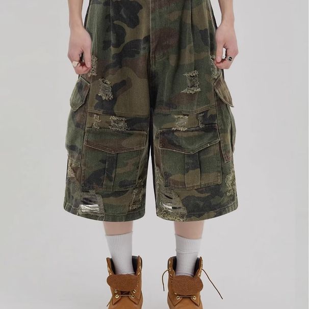 Unisex High Street Loose Straight Leg Capri Pants American Retro Washed Military Green Camouflage Ripped Jeans_mkmklike.com