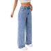 Women's Light Wash High-Waisted Wide-Leg Jeans – Vintage-Inspired Distressed Denim With Unique Pleated Details, Non-Stretch Cotton Blend_mkmklike.com