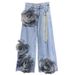 Women's Clothing Floral Embroidered High-Waisted Jeans For Women - Trendy Streetwear Wide-Leg Denim Pants With 3D Flower Details_mkmklike.com