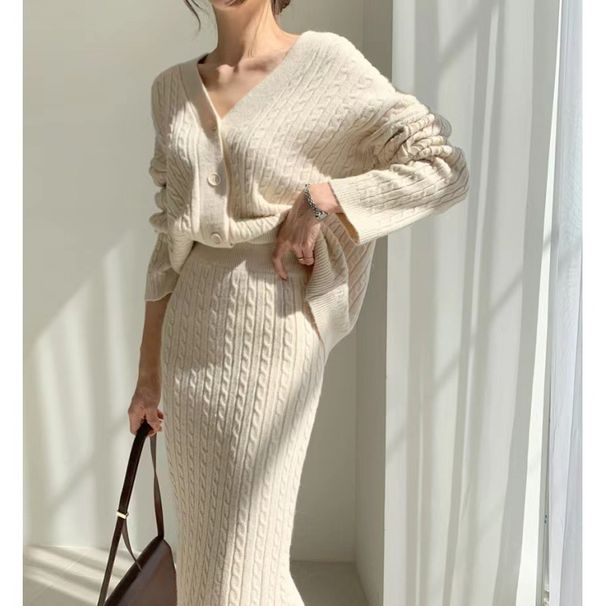Women's Clothing elegant V-neck linen pattern knitted cardigan sweater + high waist sheath skirt_mkmklike.com