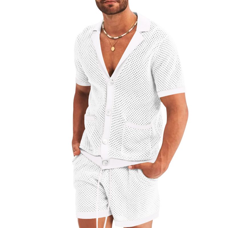 Men's hollowed out perspective cool casual thin men's short sleeved shorts set_mkmklike.com