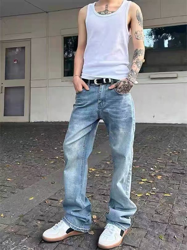Men's Clothing Washed Snowflake Pattern Ice Blue Straight Jeans Cleanfit Vibe Style Men_mkmklike.com