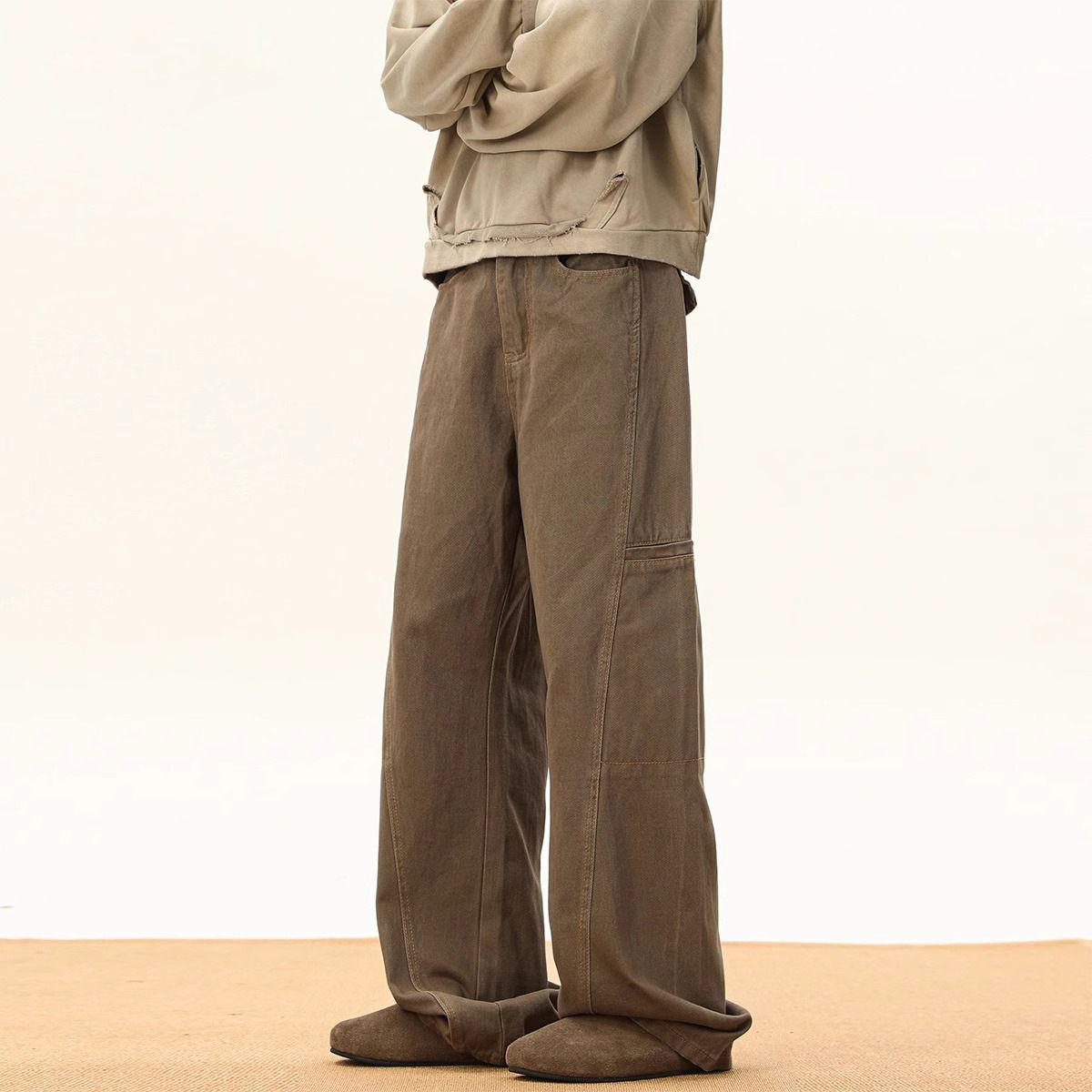 Men's High Street Distressed Workwear Jeans – Oversized Cargo Pants With Vintage Wash & Utility Pockets_mkmklike.com