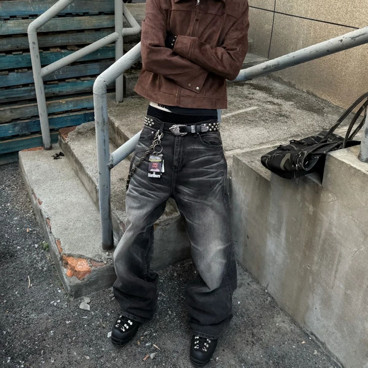Men's Vintage Washed Black Baggy Jeans – Retro Distressed Denim Pants With Cat Whiskers & Clean Fit Drop Hem_mkmklike.com