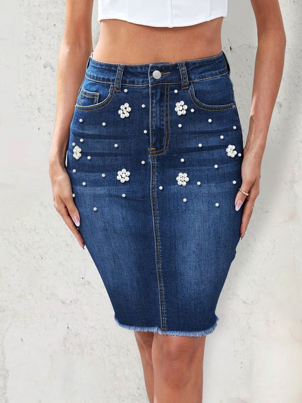 Women's Clothing Fashion pearl flower craft skinny denim half skirt girl_mkmklike.com