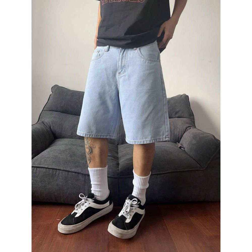 Retro Washed Denim Shorts For Men – Vintage-Inspired Mid-Thigh Casual Shorts, Relaxed Fit With Button Fly & Frayed Hem_mkmklike.com