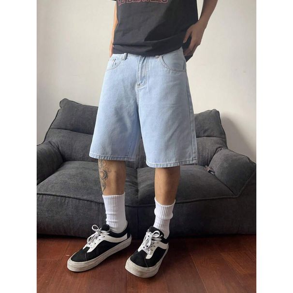 Retro Washed Denim Shorts For Men – Vintage-Inspired Mid-Thigh Casual Shorts, Relaxed Fit With Button Fly & Frayed Hem_mkmklike.com