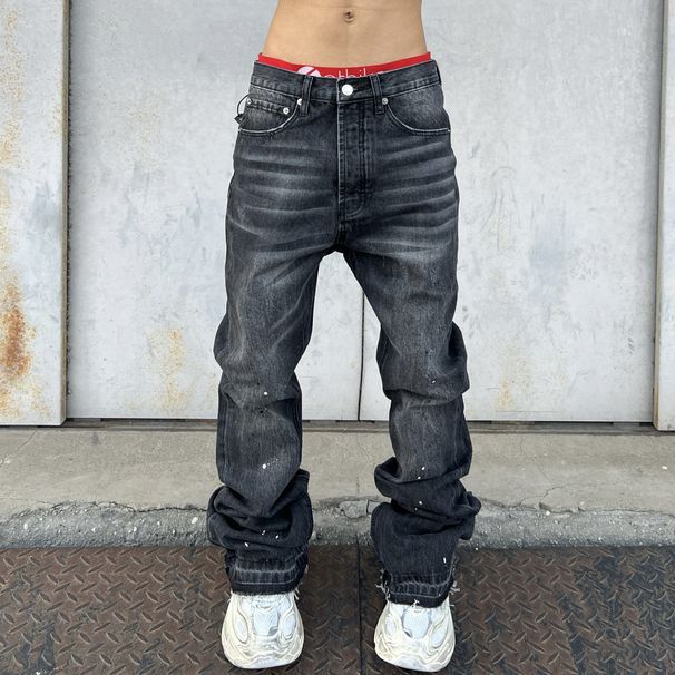 Men's Retro Washed Blue Straight Leg Jeans Loose Fit Wide Leg Floor Length Pants Simple Design_mkmklike.com