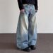 American High Street Cleanfit Bamboo Pattern Distressed Curved Jeans For Boys Straight Leg Slightly Flared Pants Trendy_mkmklike.com
