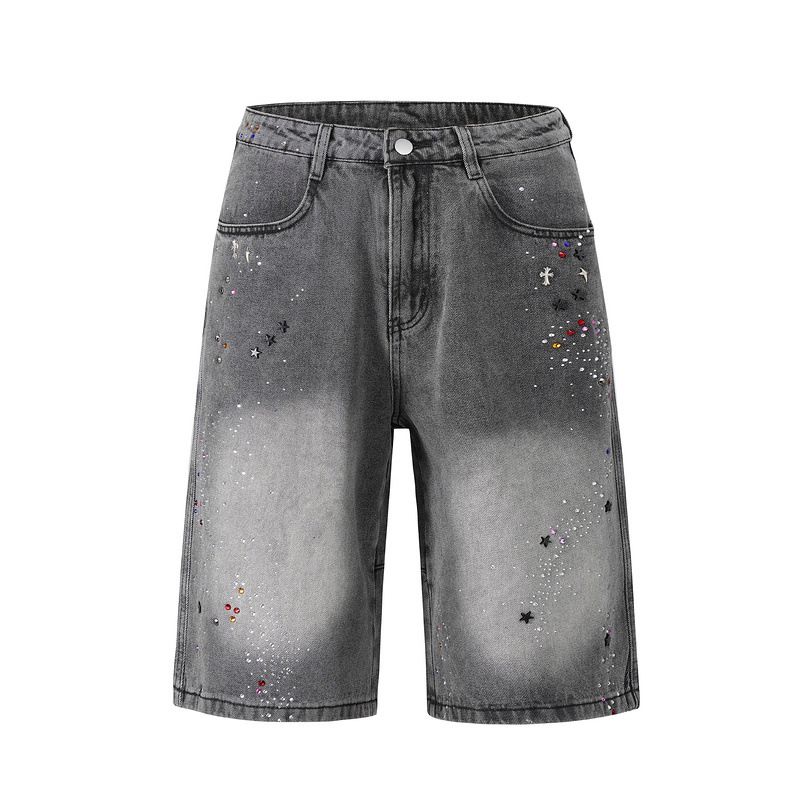 Men's Clothing European And American High Street Foreign Trade Washed White Diamond Studded Retro Denim Shorts Shorts Jeans_mkmklike.com